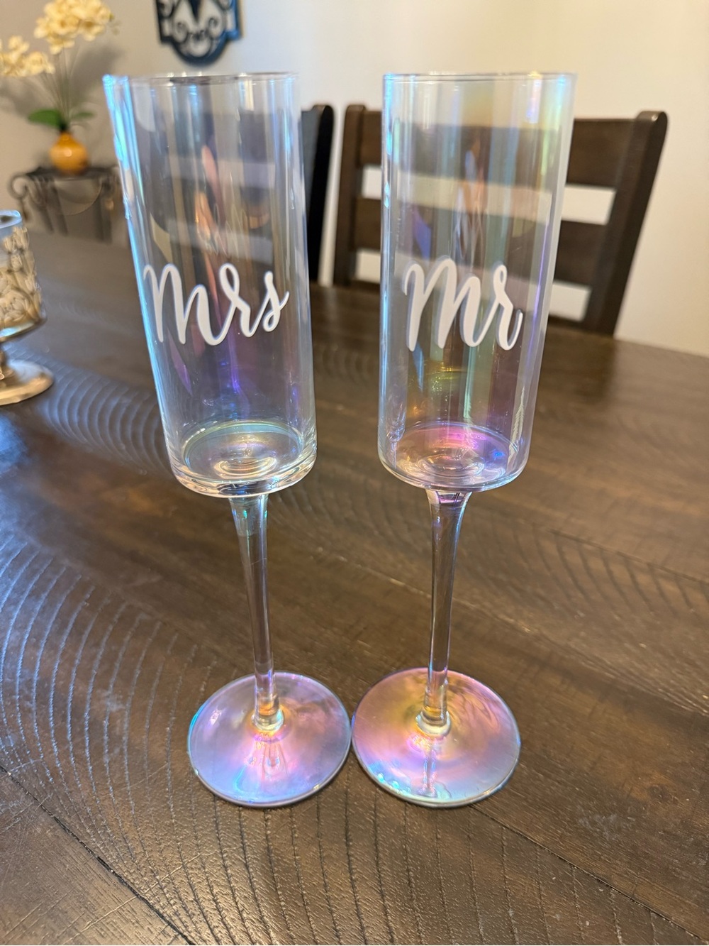 Iridescent Stemless Mr & Mrs Champagne Flutes - Set of 2